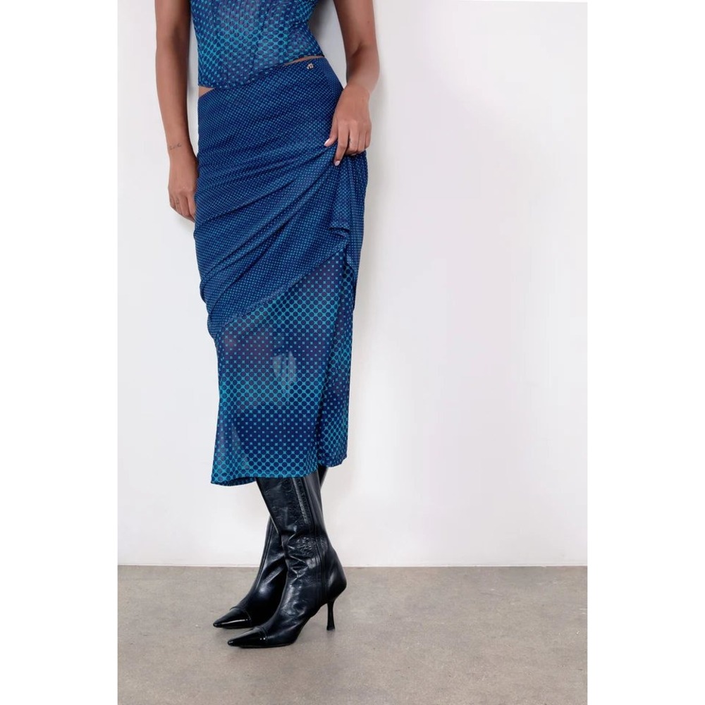 Miaou Maria Skirt Navy Blue Geometric Dot Print Midi Size XS